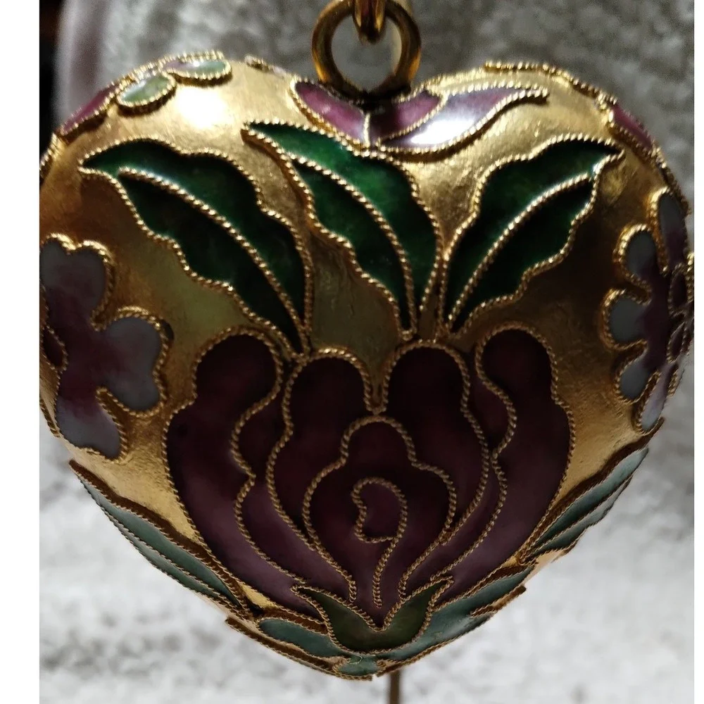 Cloisonne Enamel Heart Ornament Floral Design with Metal Display Stand‎